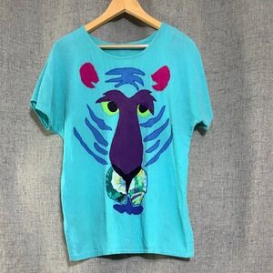 Alfredos Wife Ltd Top Women XS Turquoise Oversized Tiger Face Applique